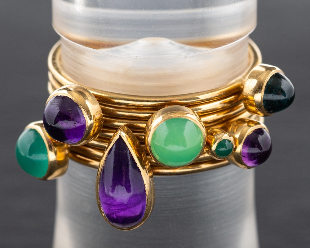 Wendy Ramshaw, a set of seven 18ct gold gem-set stacking rings,