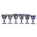 Aldermaston Pottery a group of six terracotta goblets: each with brushwork decoration,