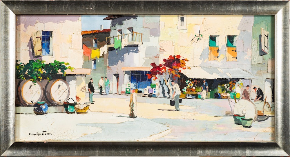 * Cecil Rochfort Doyly-John [1906-1993]- Busy town scene,:- signed bottom left oil on canvas, - Image 2 of 2