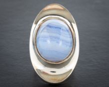 Henning Koppel for Georg Jensen, a silver, oval, cabochon-cut, blue lace agate ring:,