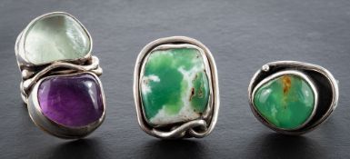 Andrzej Pacak, three gemset rings,: including, amethyst, fluorite and chrysphrase; all stamped 'AP',