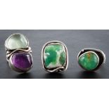 Andrzej Pacak, three gemset rings,: including, amethyst, fluorite and chrysphrase; all stamped 'AP',