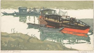 Statcha Halpern [1919-1969]- Moored fishing boat,:- colour etching,