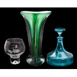 A cased art glass vase: of waisted triangular profile, the clear body with white and green interior,