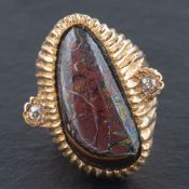 A cabochon-cut boulder opal and diamond ring,: estimated dimensions of boulder opal ca. 2.9x1.