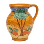 A Royal Cauldon pottery jug: tube lined with trees and oranges on an orange ground, printed marks,