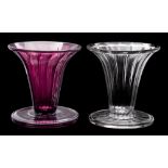 Two James Powell & Sons Whitefriars glass vases: of fluted trumpet form with fold over rim and