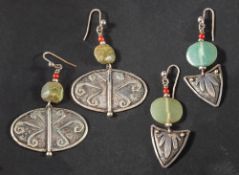 Charmian Harris, two pairs of drop earrings,: one with green chalcedony beads,