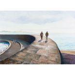 * Peter Barrett [b.1935]- On The Cobb, Lyme Regis,:- signed, oil on canvas 50 x 70cm, unframed.