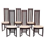 A set of eight contemporary stained oak and upholstered dining chairs,