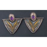 Charmian Harris, a pair of cabochon-cut amethyst earrings,: stamped with maker's mark 'CH',