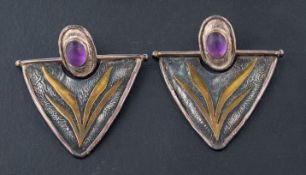 Charmian Harris, a pair of cabochon-cut amethyst earrings,: stamped with maker's mark 'CH',