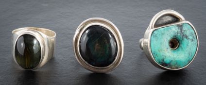 Three gemset rings,: including one by Andrzej Pacak set with turquoise,