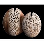 *Alan Wallwork [1931-2019] two stoneware 'split seed pods': of flattened oviform with notched