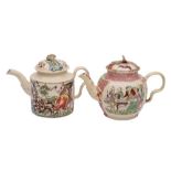 Two William Greatbatch creamware teapots and covers: with ear-shaped handles and flower finials,