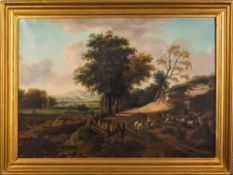 English School 18/19th Century- An extensive landscape, wagon, horse and figures in the foreground,