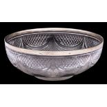 An Edward VII silver mounted cut class fruit bowl: with hobnail and garland decoration,