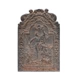 A cast iron fire back: depicting the figure of Neptune holding a trident within a shell and foliate