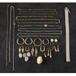 A collection of jewellery,: including a cameo brooch, a pair of silver cufflinks,