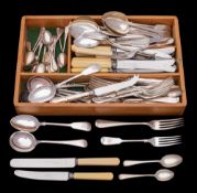 A collection of plated Old English pattern and fiddle pattern flatware including: tablespoons,
