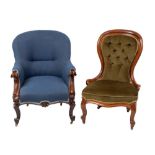 A Victorian carved rosewood and upholstered chair armchair, circa 1870,: with arched backrest,