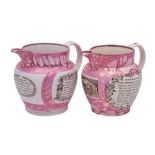 Two Sunderland black transfer-printed pink lustre pottery jugs: the first with two views of the