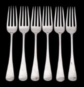 A set of six George IV silver dessert forks, maker Richard Poulden, London, 1821: crested, 212gms,