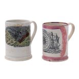 A Sunderland pink lustre frog mug and a similar orange lustre mug: the first printed with 'The