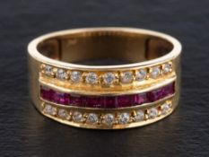 A CZ and calibre-cut ruby three-row ring,: length of ring head 1.7cm, ring size M, total weight ca.