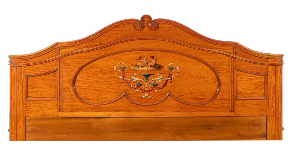 An Edwardian painted satinwood headboard in Sheraton taste, early 20th century,