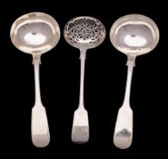 A pair of Victorian silver provincial silver fiddle pattern sauce ladles, maker John Osmet, Exeter,