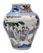 A Chinese wucai baluster jar: painted with an entertainment for a female dignitary with a dancer,