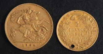 A George V gold half sovereign coin, 1912,: diameter ca. 19mms, total weight ca. 3.