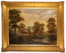 English School 19th Century- River landscape with farm buildings and cattle,
