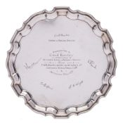 An Elizabeth II silver presentation salver, maker Bert Gordon, Birmingham, 1963: inscribed,