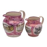 Two Sunderland pink lustre pottery jugs: the larger with enamelled black transfer prints of the