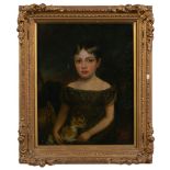 British School early 19th Century- Portrait of young girl in tartan holding a cat,