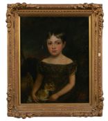 British School early 19th Century- Portrait of young girl in tartan holding a cat,