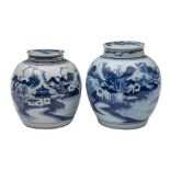 Two Chinese blue and white ovoid jars and covers: both painted with traditional lake landscapes,