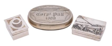 Two late 20th century silver pill boxes, stamped marks: together with an oval white metal snuff box,