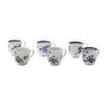 A group of three Plymouth blue and white coffee cups and three similar Bristol coffee cups: the