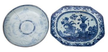 A Chinese blue and white meat dish and a similar large saucer dish,