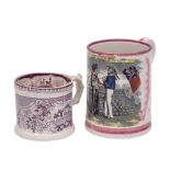A Sunderland pink lustre 'Crimea' frog mug and a Cambrian pottery frog mug: the first with a