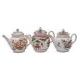 A group of three Plymouth 'famille verte' teapots and covers: one painted with the 'Dragons in