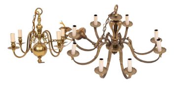 A Dutch style brass four-branch chandelier: with swept arms issuing from a bulbous stem,