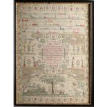 A George III needlework sampler: with banded verse to the upper section,