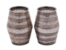 A pair of silver peppers, unmarked: of barrel-shaped outline, with reeded banded decoration, 5.