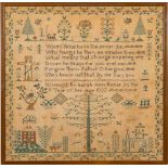 A William IV needlework sampler: with central verse enclosed by trees, shrubs, butterflies, birds,