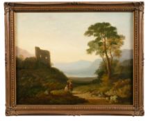 Attributed to William Traies [1789-1872]- Figures in an upland landscape with ruined tower,