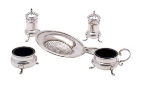 A George V silver four piece condiment set, maker Hardy Bros Ltd, Birmingham,